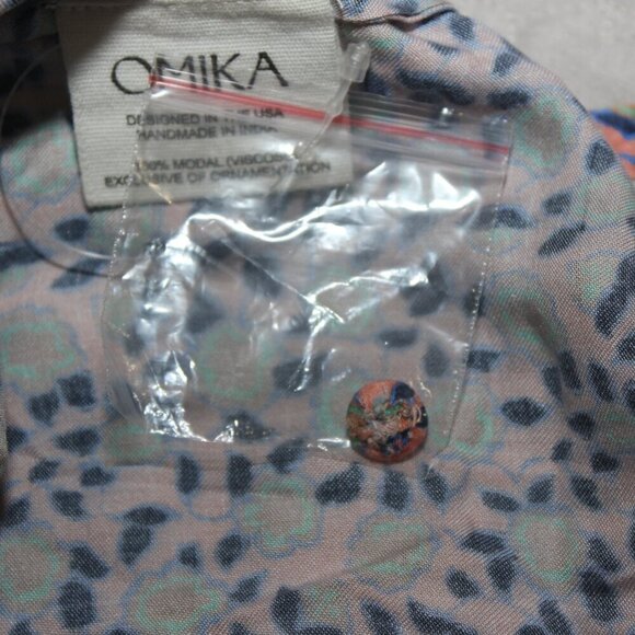 Omika Womens NWOT Printed Blouse Pink Blue Cuff Tassels Boho Peasant Size Large - Picture 6 of 9